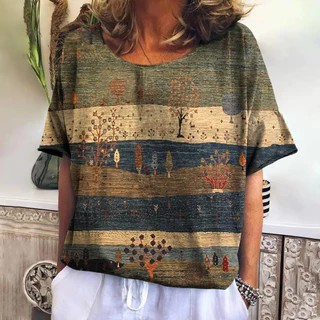 Camiseta De Outono Em Malha Xadrez Para Mulheres O Pescoço Casual Novos Tees Harajuku Vestuário Loose Short Sleeve Blusa Moda Feminina