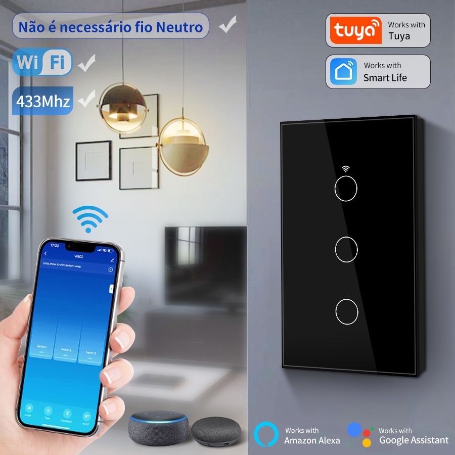 Interruptor Inteligente Wifi Tuya Touch Light Sem Fio Neutro 110V 220V 1/2/3/4 Gangue RF 433mhz Controle Por Voz Alexa Google Home