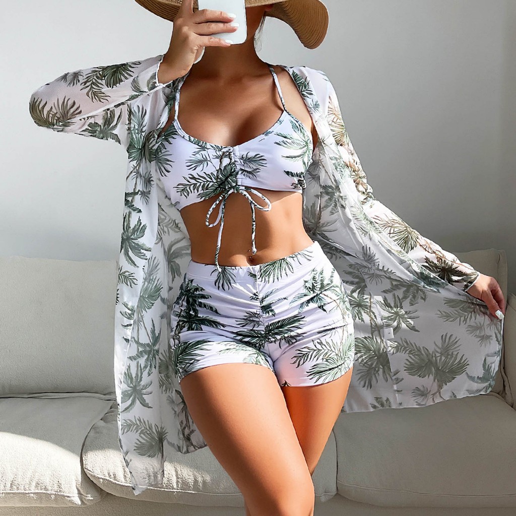 [Produtos à vista] Conjunto De Biquíni Feminino De 3 Peças Roupa De Praia Feminina Nova Européia E Americana