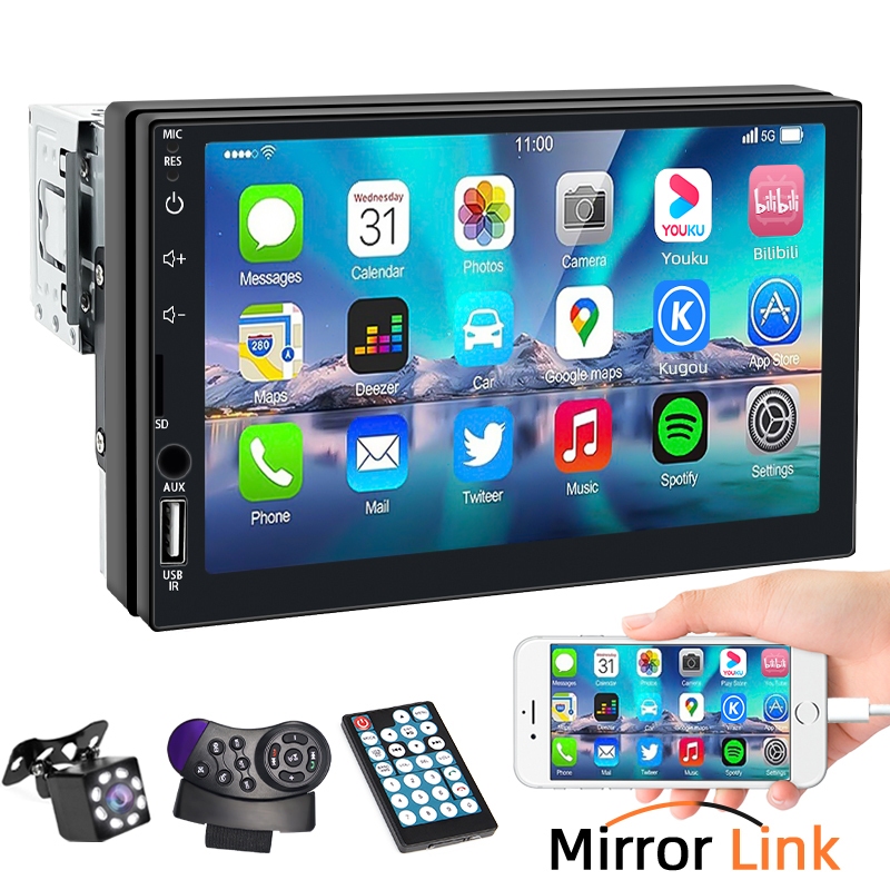 Central Multimídia Carplay 7 Polegadas 1 Din MP5 Bluetooth Mirrorlink Com Tela De Toque USB/AUX/TF