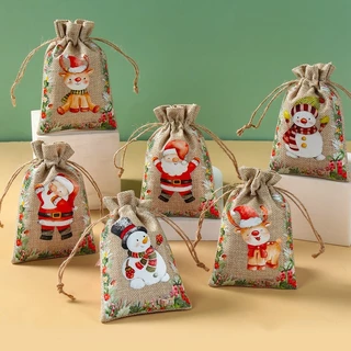 10 * 15CM Sacos De Natal De Linho Embrulho Papai Noel Com Padrão Impresso Goodies Decoração 6pcs