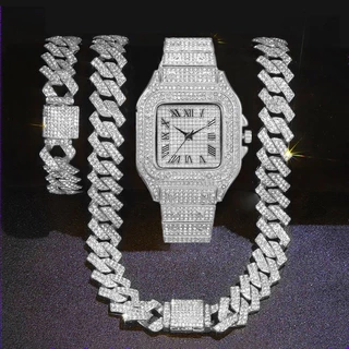 Novo Relógio Masculino Corrente de Gelo Hip Hop Conjunto de Diamantes Relógio Masculino Colar Pulseira Joias