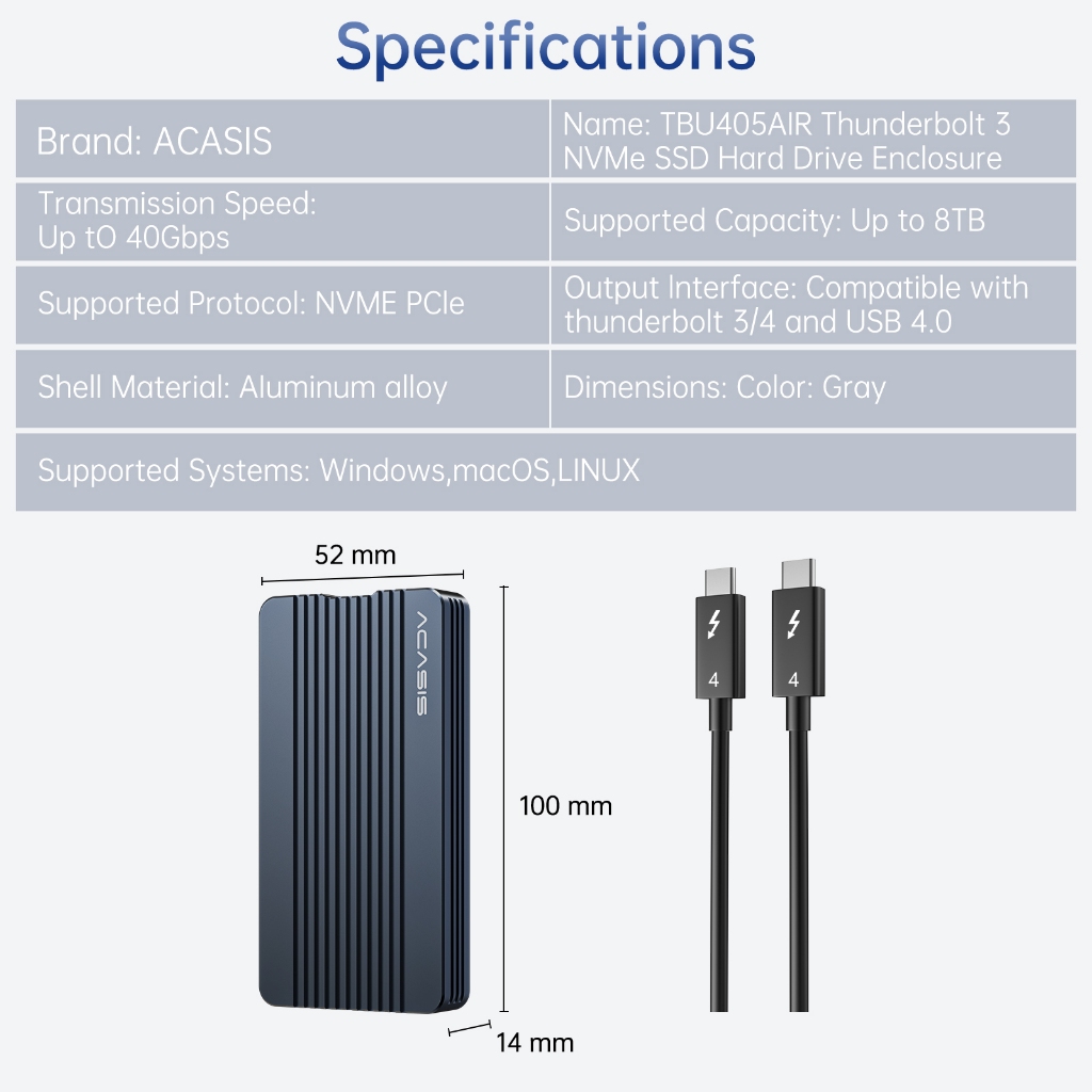 ACASIS Thunderbolt4 40Gbps M . 2 Caixa NVME SSD 8TB Tipo C ACASIS Thunderbolt4 40Gbps M . 2 Caixa NVME SSD 8TB Tipo C