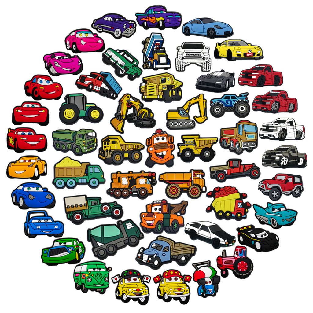 Jibbit Para Croc Shoe Charms 50 Estilo De Carros De Corrida Escavadeira De Engenharia Decorações De Veículos Acessórios Em PVC Com Botões