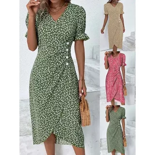 Boho Vestido Longo Feminino Com Impressão Floral Irregular Em V Pescoço