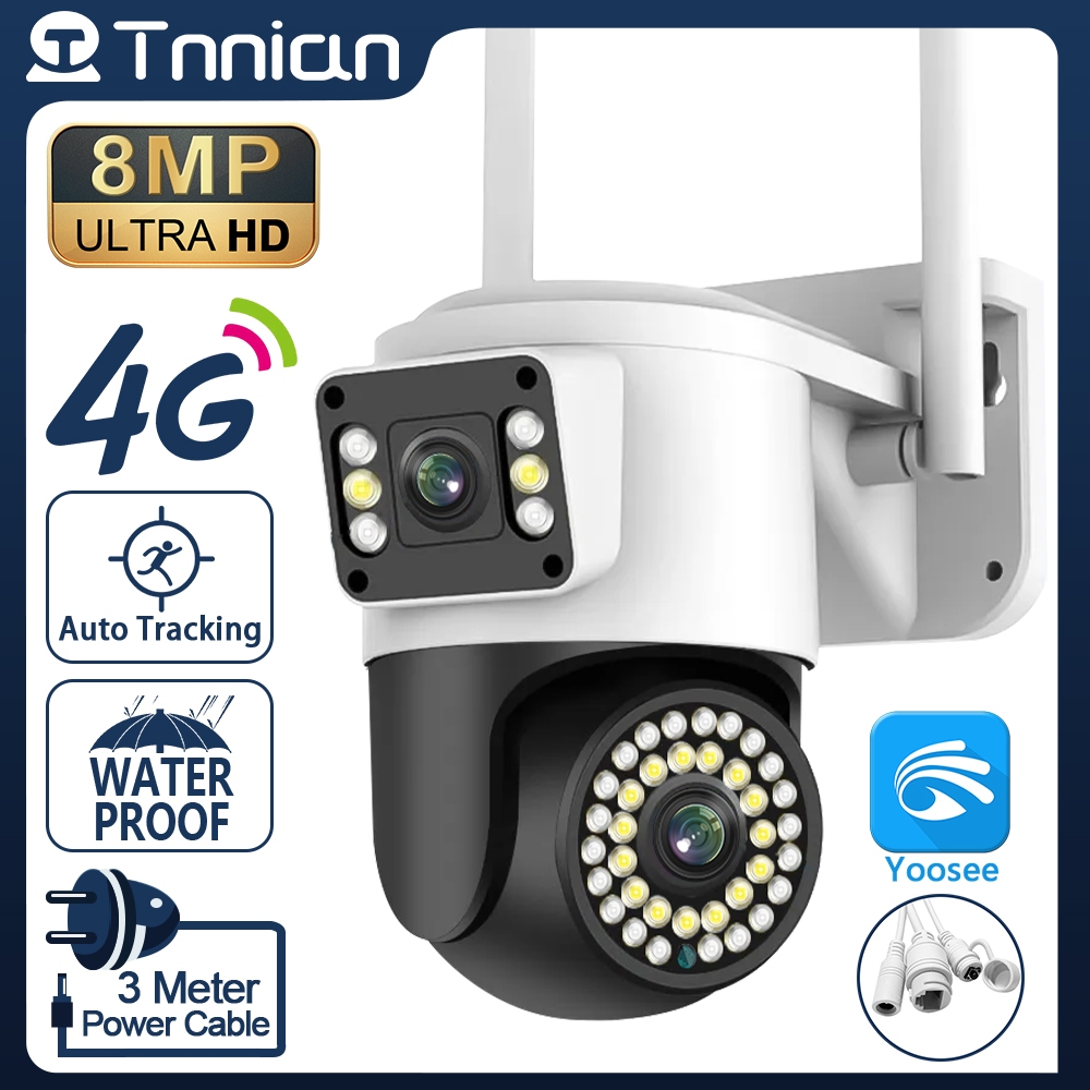 Tnnnian 4K 8MP Dual Lens 4G SIM Card IP WIFI Câmera De Segurança Com Visão Noturna Colorida Screen AI Rastreamento Automático Humano À Prova D'água PTZ CCTV Sem Fio Para Ambientes Externos Yoosee APP