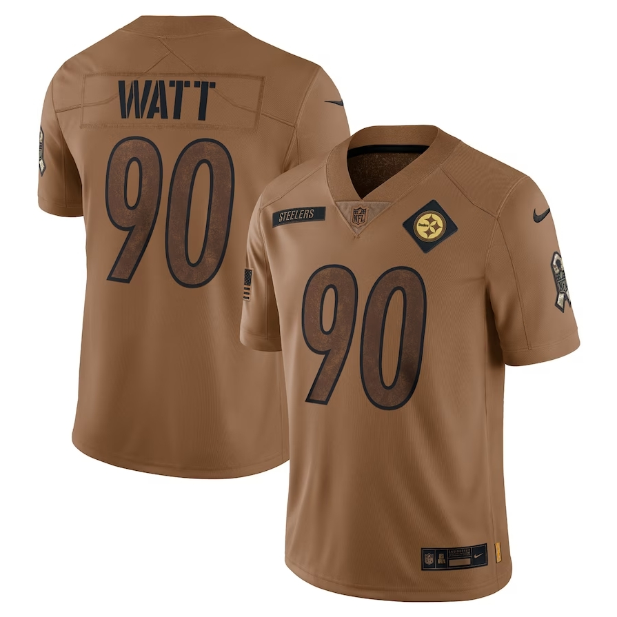 Masculino Camiseta NFL Pittsburgh Steelers T.J. Watt Regata Brown 2023 Salute To Service Limitado Camisa De Futebol Americano Jersey