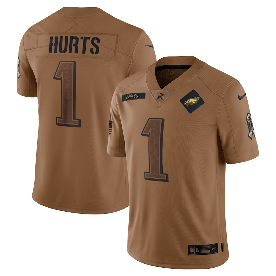 Masculina Camiseta Philadelphia Eagles Jalen Hurts Brown 2023NFL Salute To Service Limitada Camisa De Futebol Americana Jersey