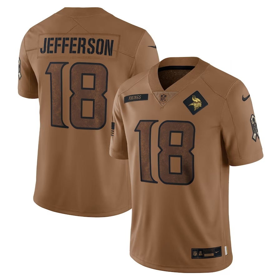 Homens Camiseta Minnesota Vikings Justin Jefferson Brown 2023nfl Salute To Service Limitada Camisa De Futebol Americana Jersey