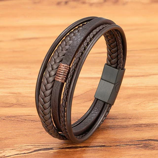 Moda Pulseira Genuína De Couro Masculina Azul/Castanho/Preto Fio Tecido Vintage Aço Inoxidável Acessórios De Jóias Presente Amigo