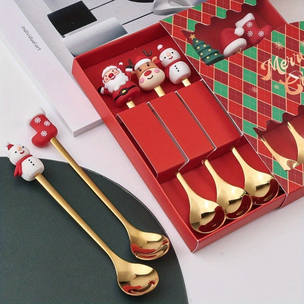 Conjunto De Garfos De Café De Natal (4/6Pcs) , Colher De Aço Inoxidável Para Crianças (Vermelho/Verde)