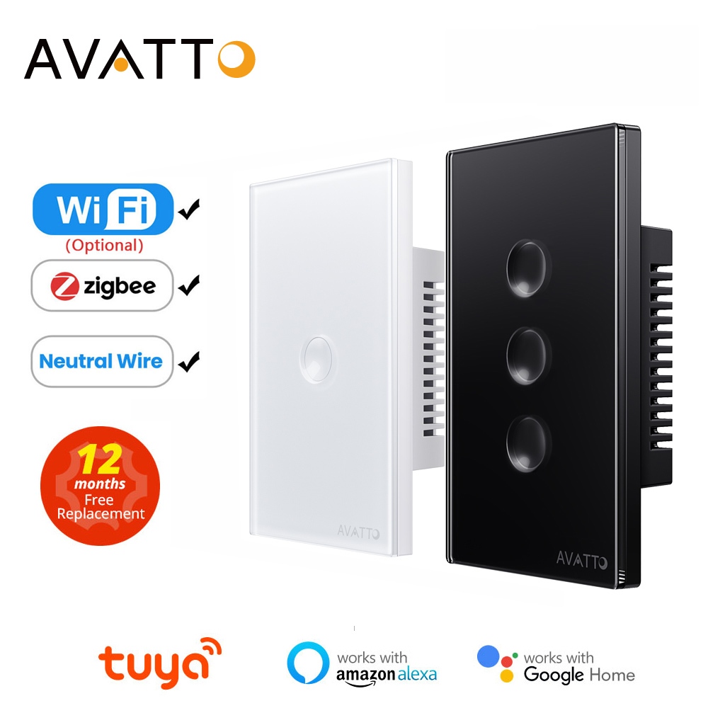 AVATTO Tuya Zigbee/wifi Interruptor Luminoso Inteligente Com Ponta De Dedo 2.5D Touch Vidro De Luxo Precisa De Fio Neutro US 1/2/3/4 Trabalho De Gangue Para Alexa Google Home