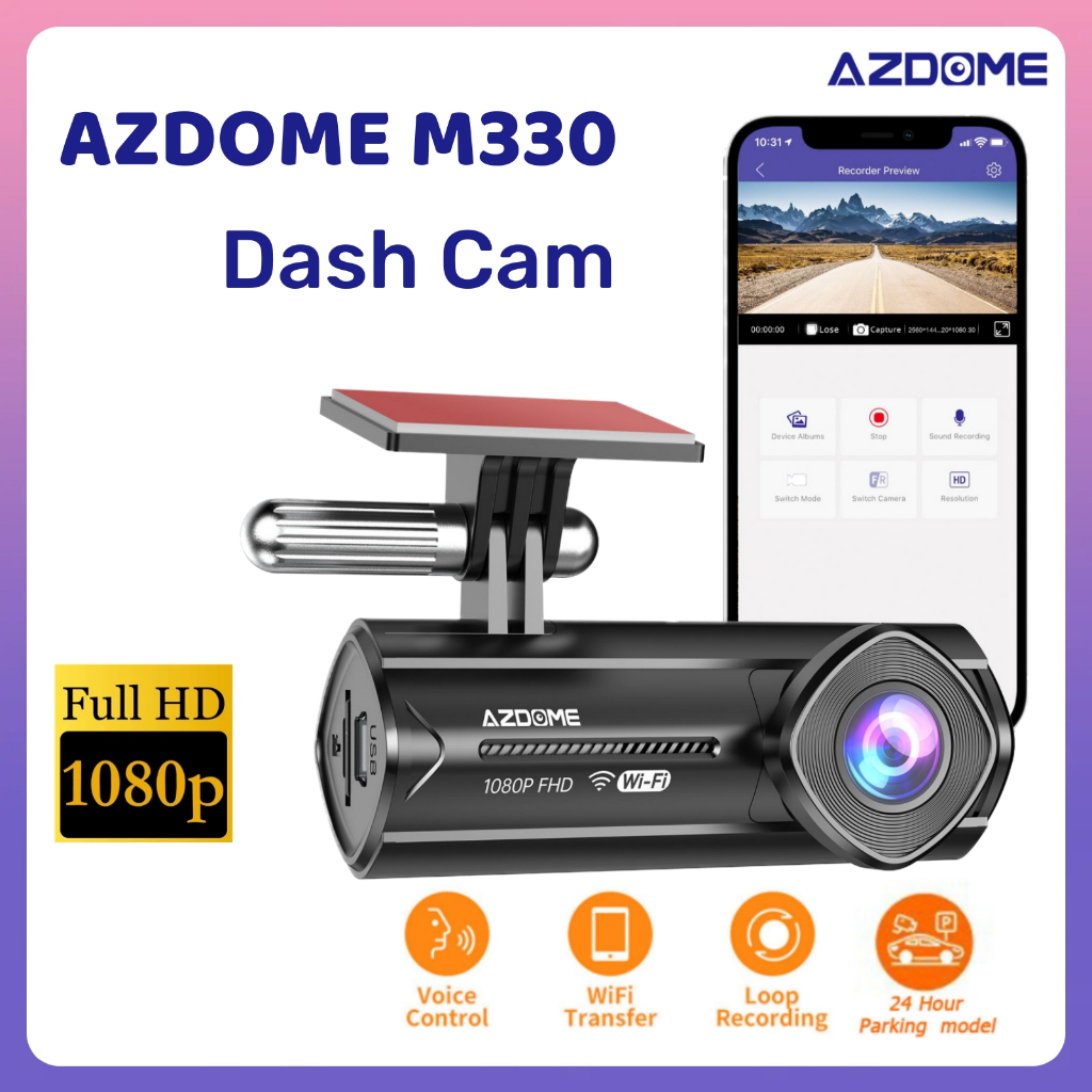 AZDOME M330 Câmera Dash Cam 1080P Automotiva Com Visão Noturna Gravador De Loop De Controle De Aplicação Para Carro