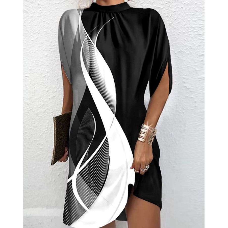 Moda Verão Vestido Impresso 2023 Casual De Pescoço Redondo De Mulher Mini De Manga De Morcego Elegante Temperamento Solto Vestidos Curtos