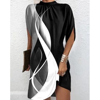 Moda Verão Vestido Impresso 2023 Casual De Pescoço Redondo De Mulher Mini De Manga De Morcego Elegante Temperamento Solto Vestidos Curtos