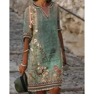 Vestido Feminino Casual Solto Com Estampa Floral Decote Em V E Mangas Compridas Plus Size Para Primavera Outono