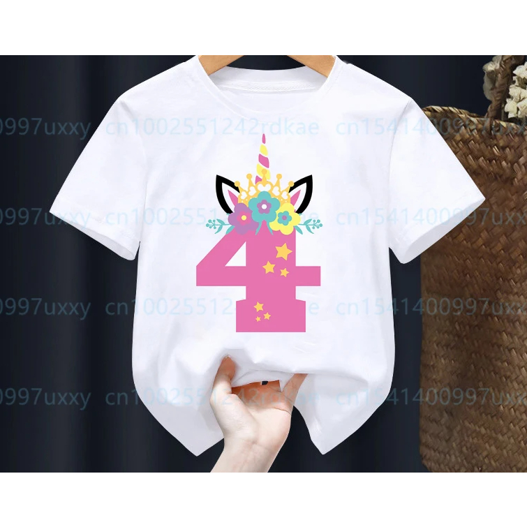 Camisetas Kawaii Meninas Unicórnio Aniversário Número 1-9 Anos De Idade  Festa De Infantil Roupas Infantis Bonitas