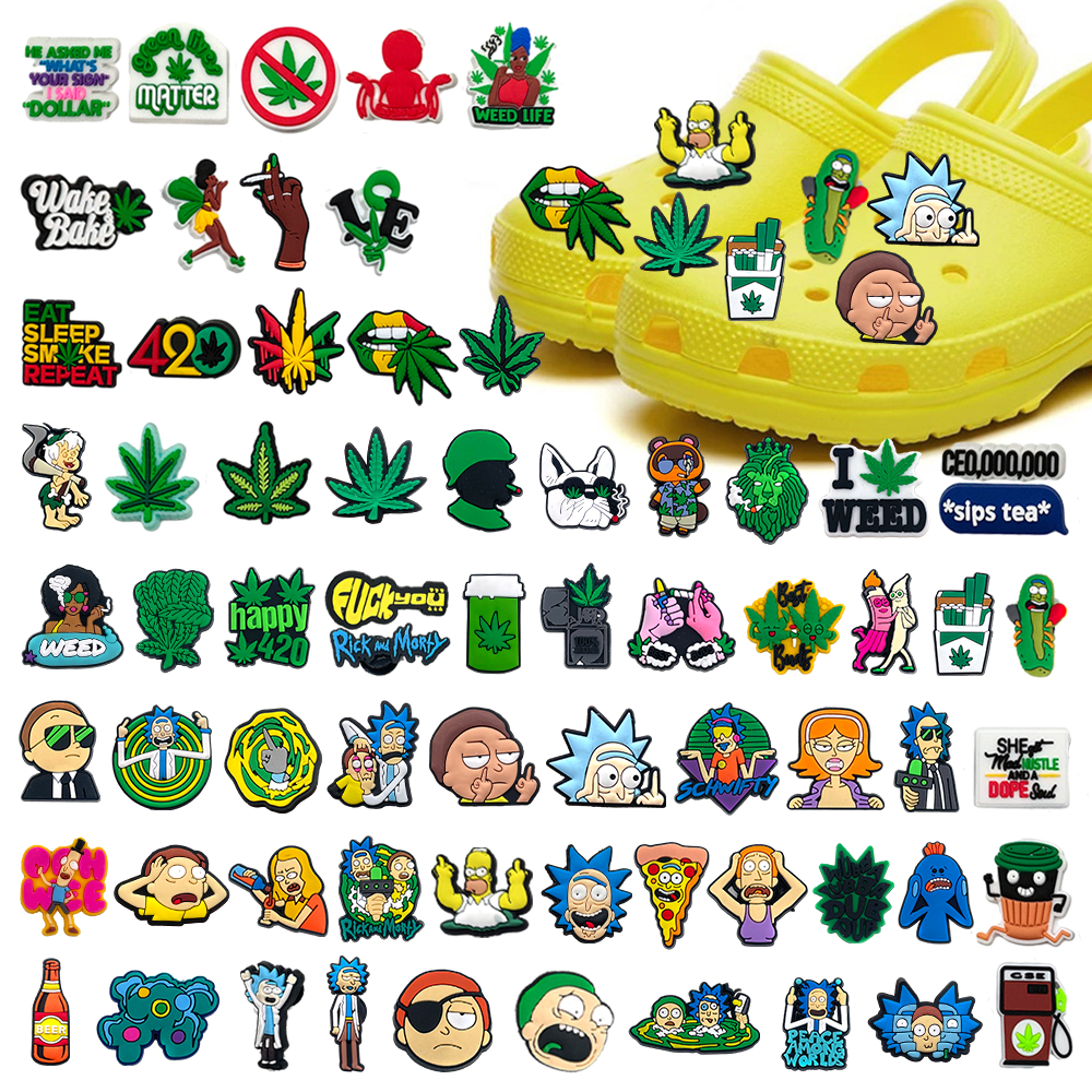 crocs Anime Quente 1pcs cartoon rick Crocodilos De Folhas Verdes Charmes jibbitz DIY Tamancos Sapatos Acessórios Para Calçados Sandálias Em Forma De Chinelos De Pino Decoração Presentes