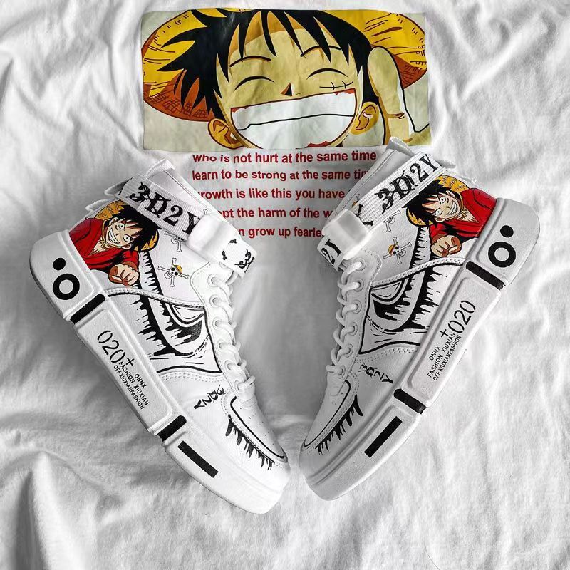 Sapatos Masculinos Moda anime Rei Pirata Japonês One Piece Luffy Sneakers Tênis Preto Confortável Fofo High Top