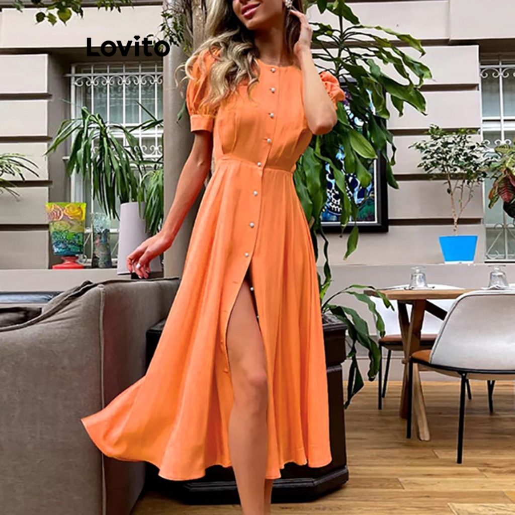 lovito-casual-vestido-feminino-liso-de-manga-bufante-com-fenda-e-bot-o