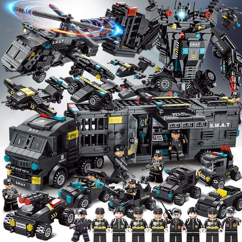 1.000pcs Polícia Municipal Militar SWAT Mecha Batalha Navio de Batalha Série Tanque de Avião Boy Assembled Building Block Brinquedos de Aniversário Infantil Modelo de Decoração de Presente