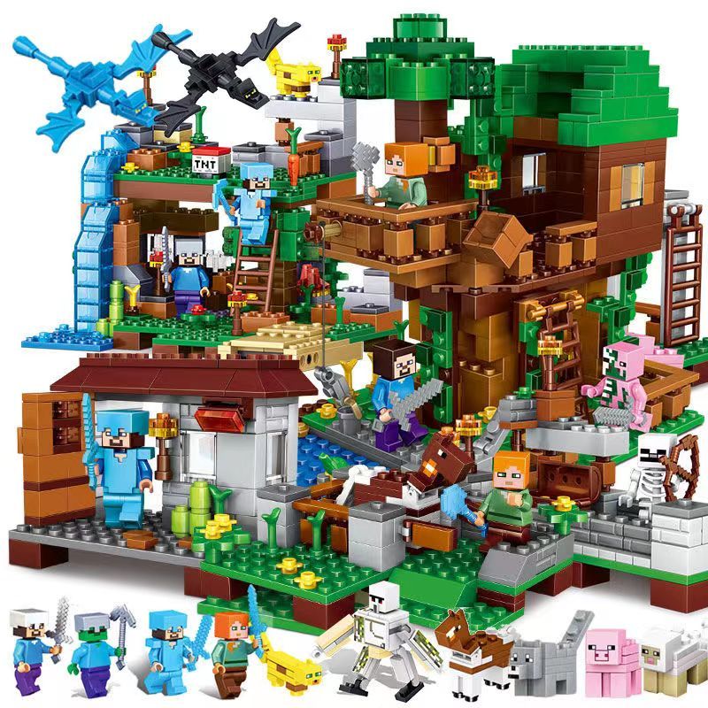 1.000pcs Novos Produtos Minecraft Série Minecraft Cascata da Selva Pequena Casa da Árvore Gato Leopardo Garotos da Selva Garotas Brinquedos Educativos Bloco de Construção Brinquedos Infantis Presentes de Aniversário MOC