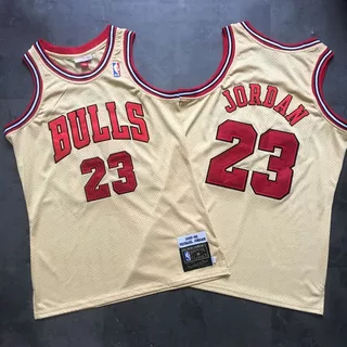 Bordado Requintado Jersey Mens Chicago Bulls Michael Mitchell Ness 1995-96 Gold Hardwood Clássicos