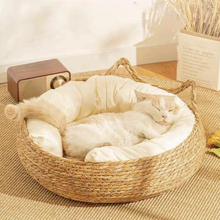 Ninho De Cama De Gato Animal De Estimação Puro Manual Rattan Tecido De Grama Tábua De Raspagem Removível Lavável No Inverno Almofada Quente