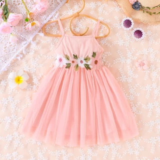 Vestido De Bebê Menina Crianças 2-7 Anos Moda Verão Sem Mangas Cinto Floral Tule Fofo Infantil Vestidos De Suspender Princesa