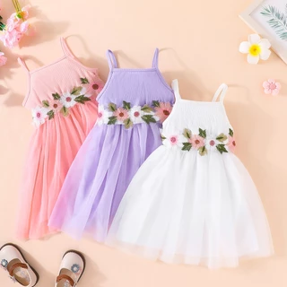 Vestido De Bebê Menina Crianças 2-7 Anos Moda Verão Sem Mangas Cinto Floral Tule Fofo Infantil Vestidos De Suspender Princesa