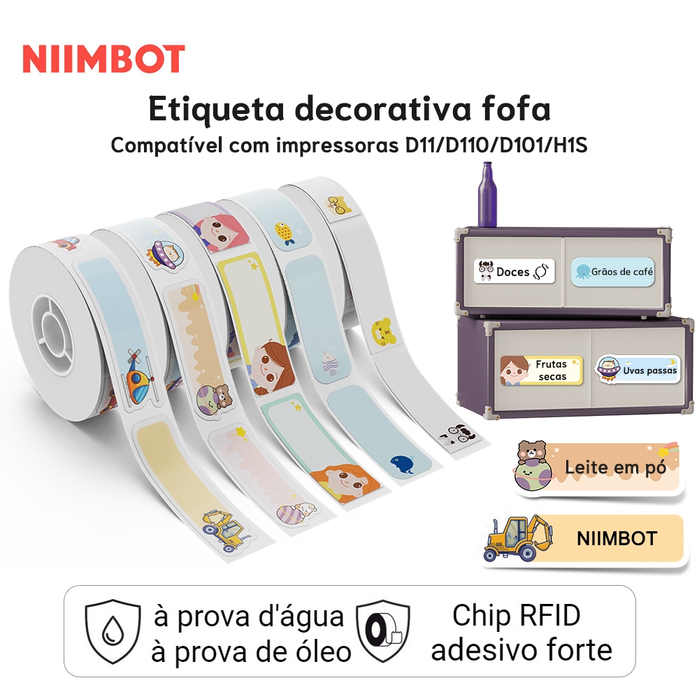 NIIMBOT D11/D110/D101 Etiqueta de papel com padrão de desenho animado bonito Etiqueta de papel Livro Artigos de papelaria Etiqueta de nome Etiqueta