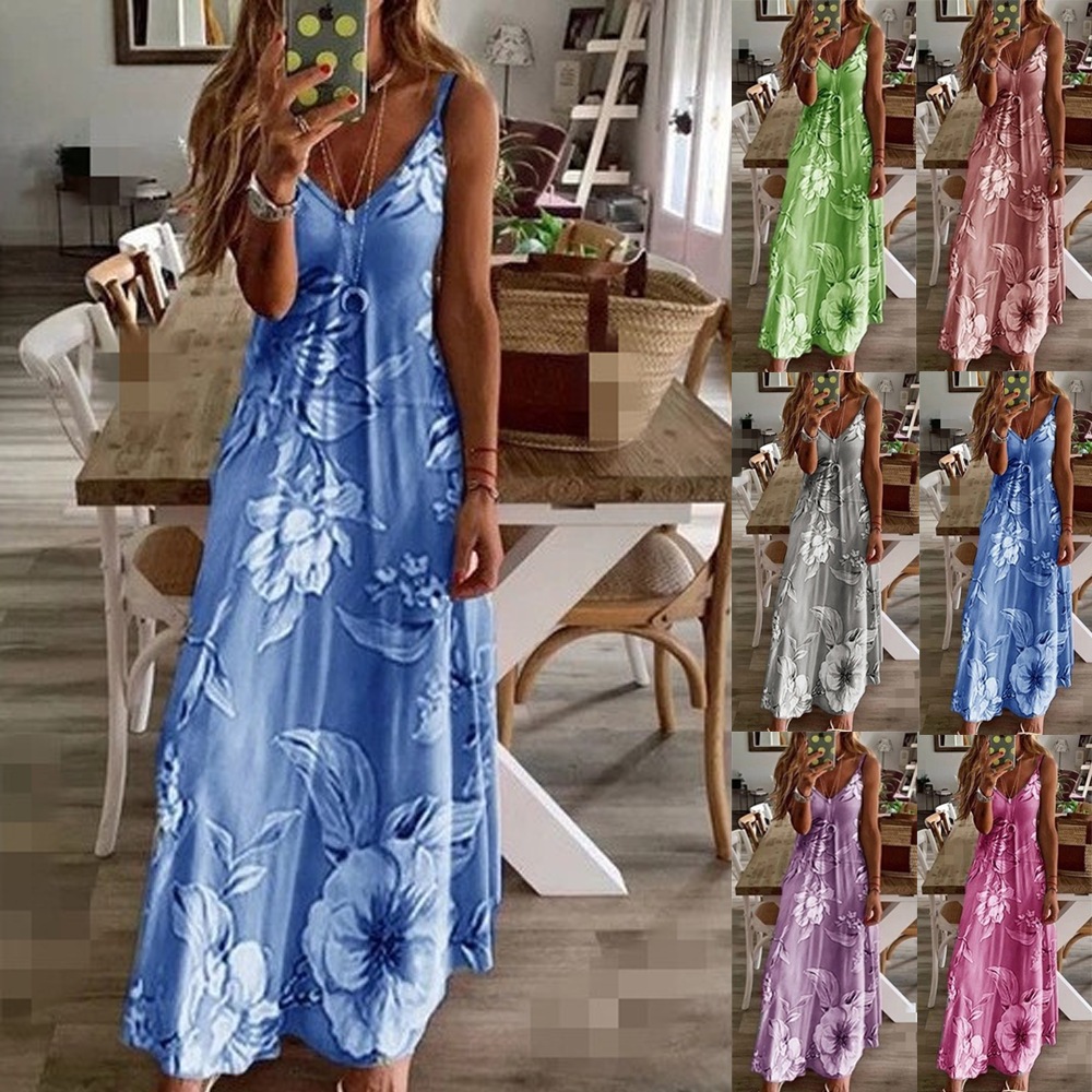 [Enviado em 24 horas] Mulheres Boho Oferecem Ombro Maxi Vestido V Pescoço  De Verão Casual Floral Elegante Vestidos Longos Tamanho Grande