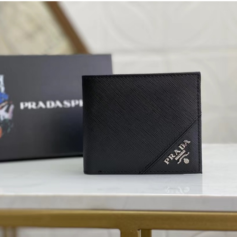 (Enviado Com Caixa De Presente) Carteira Curta 100 % Genuína Prada/Da Masculina , Clipe Clássico E Elegante Para De Couro , 2M0513 Tamanho : 11x9cm