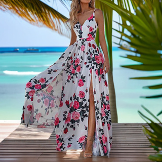 Vestido longo de baloiço grande sexy com decote Em V estampa floral rosa de  cintura vestidos festa banquete casamento elegante moda（9040）