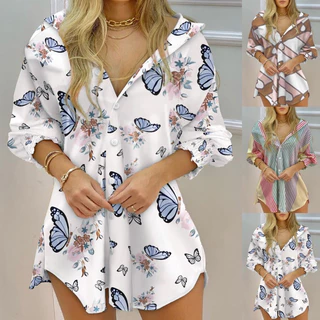 Novo Vestido Casual De Verão Feminino Em V Pescoço Botão De Impressão Moda Longo