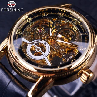 FORSINING Esqueleto Oco Gravado casual designer De Caixa De Ouro Preto Luneta Relógios Homens Marca De Luxo Automáticos
