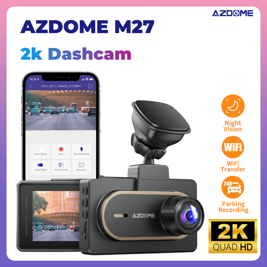 AZDOME M27 2K Dashcam Gravador De Carro De 3 Polegadas Com Visão Noturna WiFi