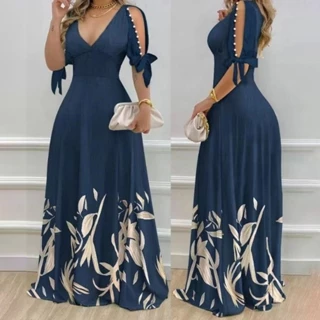 [Enviado em 24 horas]Vestido De Verão Feminino Longo V Pescoço Casual Solto Floral Para Festa De Casamento Noturna
