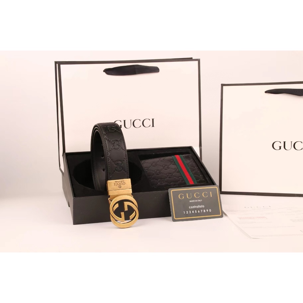 (Com Caixa) Cinto Masculino + Conjunto De Carteira De Couro Luxo Alça