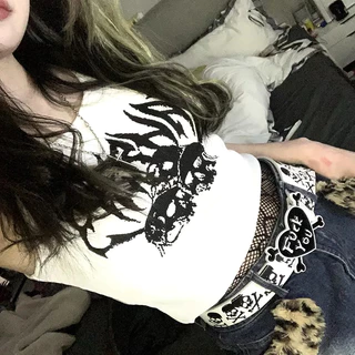 Y2K Feminino Y2K Slim Round Neck Cropped Tank Top Branco Crânio De Halloween Print Street Babes Fashion Party