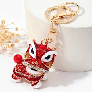 Estilo chinês strass leão carro chaveiro feminino criativo bonito dinheiro dança leão dança saco pingente dos desenhos a