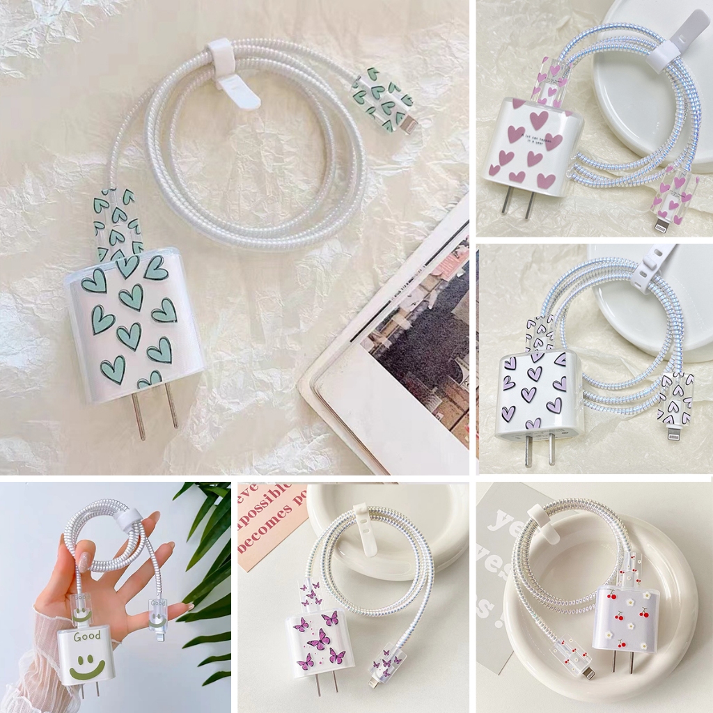 Capa Para Carregador Plugue USB Cabo Mola Linha Protetora De Dados Organize Fio De Enrolamento Gravata Amor Flores Coração Kaws Padrão Soft TPU Android Tipo-C