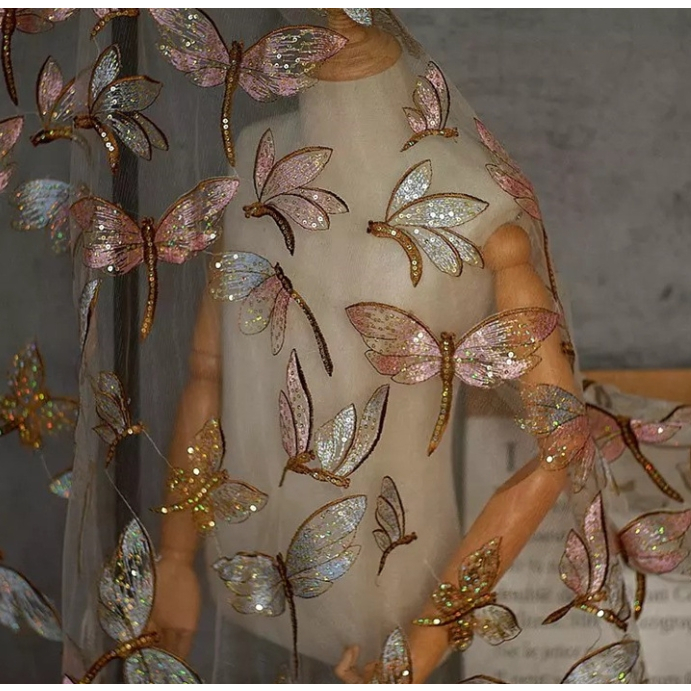 1 Yard Butterfly Bordado Com Borboleta Tecido De Malha De Lantejoulas Adequado Para Cortinas De Vestidos De Noiva