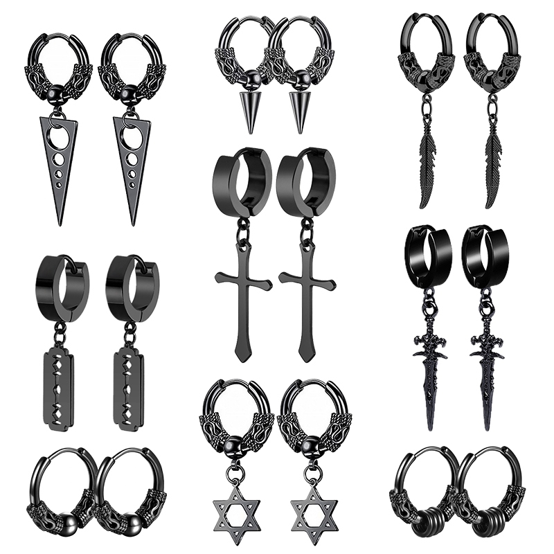 1 Pares Brincos De Aço Inoxidável Vintage Hip Hop Piercing Alta Qualidade Com Clipe Para Orelha Conjunto De Pretos Homens Jóias Femininas