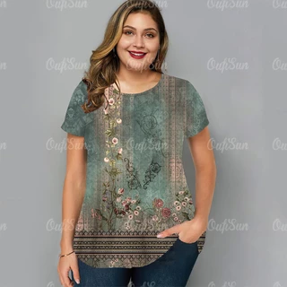 Camisetas Floral Femininas Moda Impressão Mola Tamanho Grande De Pescoço Redondo Casuais Diárias Tops Loose Women