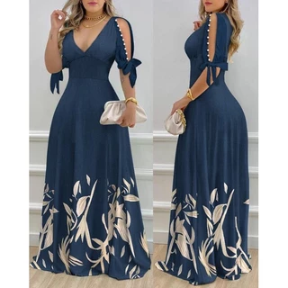 Casual Uma Linha Ombro Frio Meia Manga Rufos Regular Diária Ligeira Plantas Esticadas Impressão Pérolas De Dividida Decor Maxi Vestido