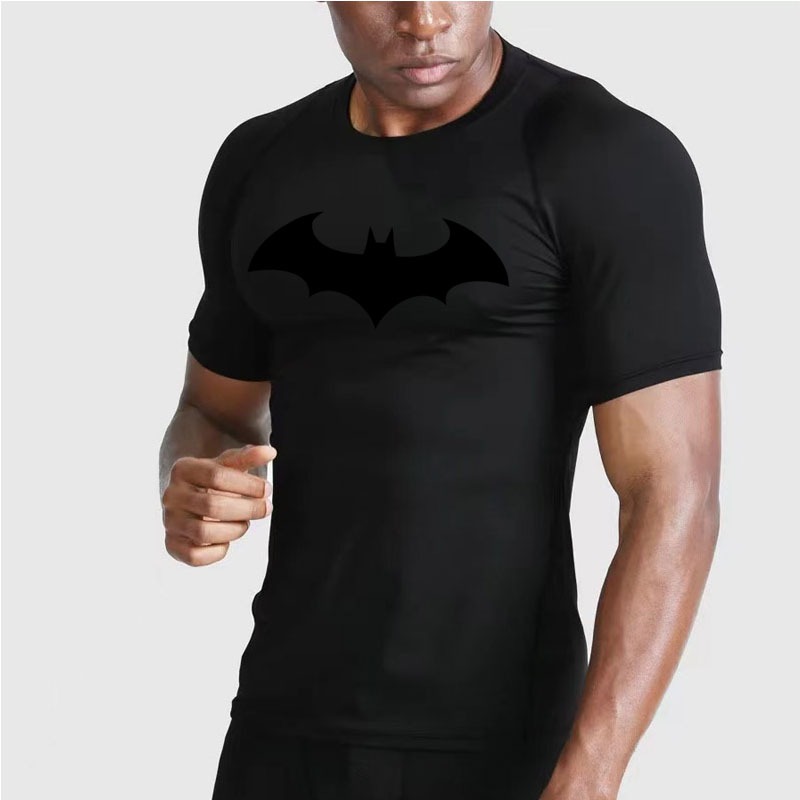 Camiseta Batman Compressão Manga Curta Homens Correndo Top Ginásio