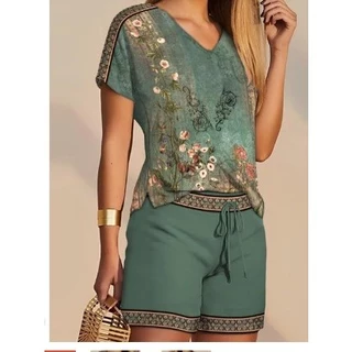 Floral Tribal Print Top & Conjunto De Calções De Dragão