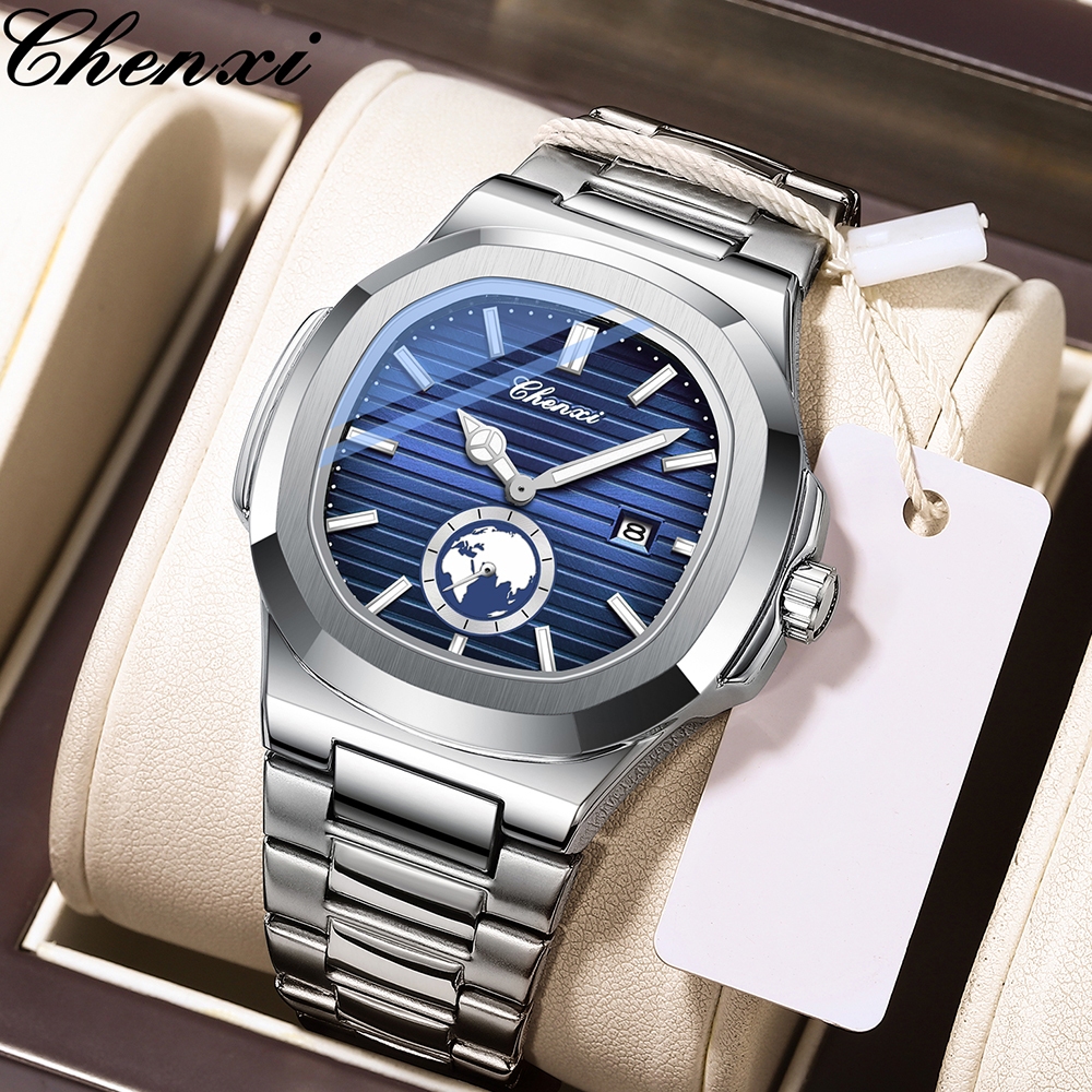 CHENXI Relógios De Luxo Relógio Masculino À Prova D'água Data Luminosa De Quartzo Quadrado De Aço Inoxidável Homens