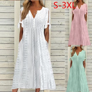 Vestido De Verão Mulher Cor Sólida Manga Oca Fora Curta V Botões De Pescoço Namoro Bolsos De Renda Linha A Lady Midi Feminino